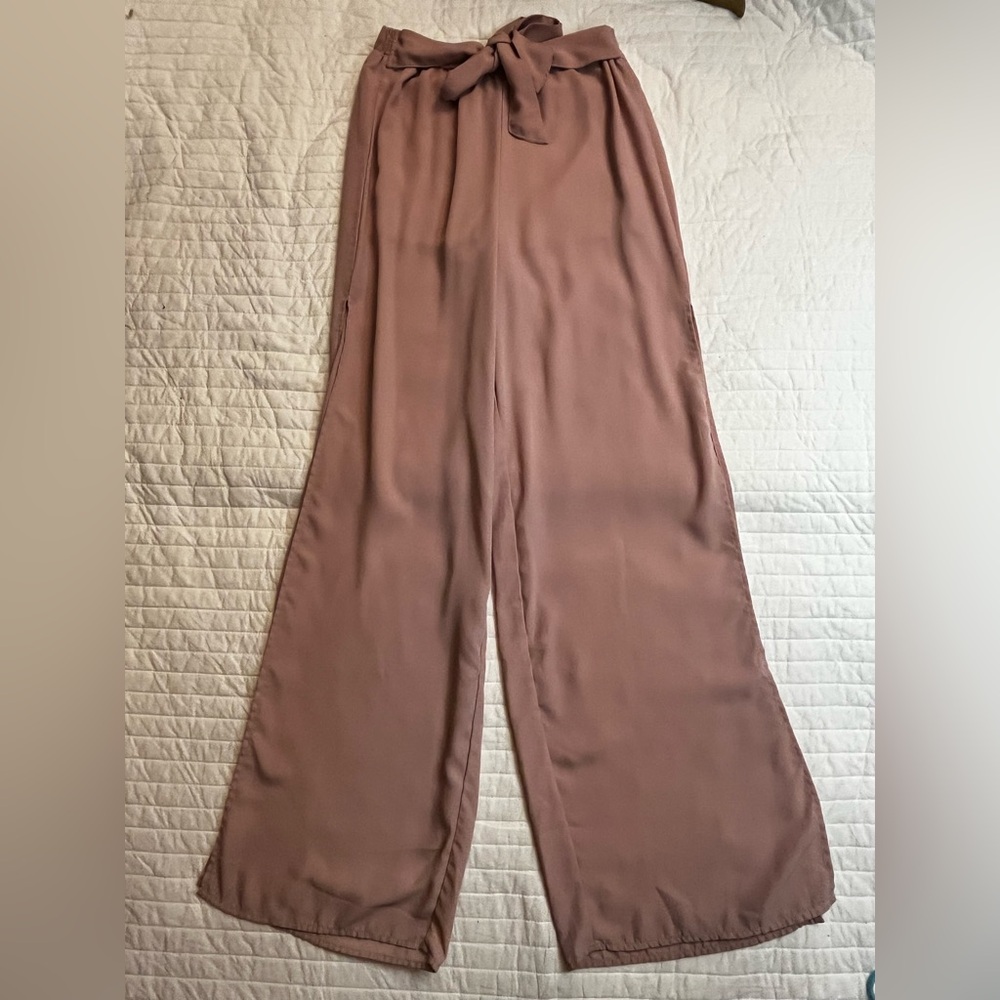 New Look pink chiffon side slit wide leg pants